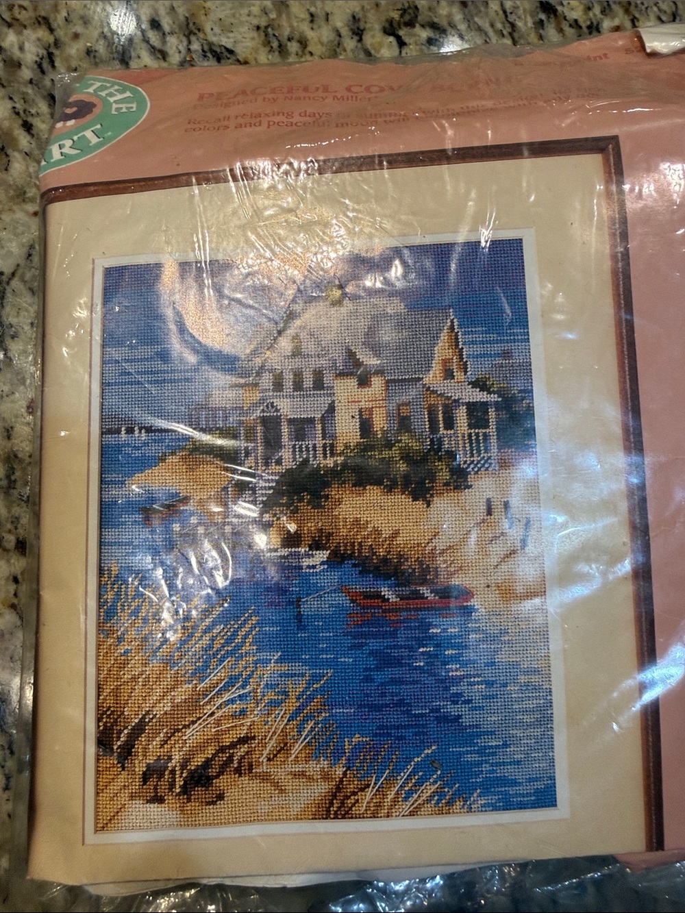 Seaside Needlepoint Kit - Coastal House Scene in Blue and Tan open by complete